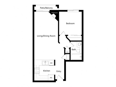 Floor plan for 1 bed, 1 bath, 560 sqft